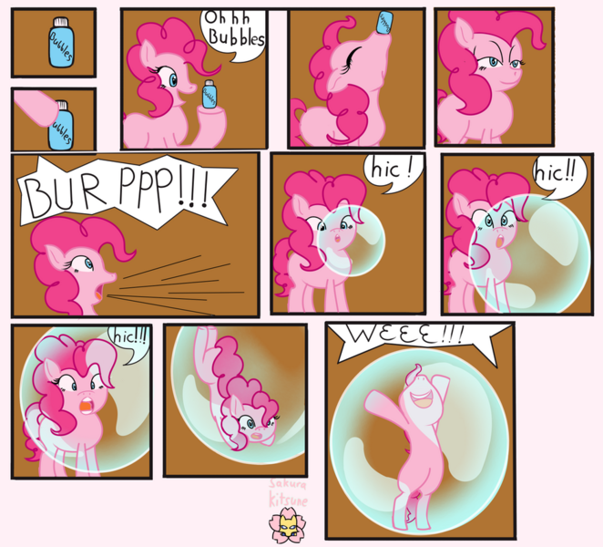Size: 939x851 | Tagged: safe, artist:sakurakitune, derpibooru import, pinkie pie, earth pony, pony, bubble, bubble solution, burp, comic, female, hiccup, image, in bubble, mare, pinkie being pinkie, pinkie pie trapped in a bubble, png, trapped