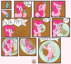 Size: 939x851 | Tagged: safe, artist:sakurakitune, derpibooru import, pinkie pie, earth pony, pony, bubble, bubble solution, burp, comic, female, hiccup, image, in bubble, mare, pinkie being pinkie, pinkie pie trapped in a bubble, png, trapped