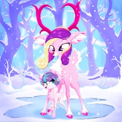 Size: 2500x2500 | Tagged: safe, artist:rurihal, derpibooru import, princess cadance, princess flurry heart, deer, reindeer, chest fluff, female, ice, image, mother and child, mother and daughter, png, reindeerified, snow, snowfall, species swap