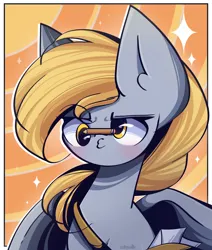 Size: 1950x2300 | Tagged: safe, artist:miryelis, derpibooru import, derpy hooves, pegasus, pony, background pony, bag, big ears, blushing, bust, duckface, image, letter, pencil, png, short hair, signature, simple background, solo, sparkles, wings