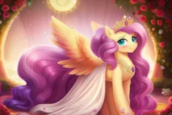 Size: 3072x2048 | Tagged: safe, artist:avalaz6214, derpibooru import, machine learning generated, purplesmart.ai, stable diffusion, fluttershy, pony, blushing, clothes, crown, cute, derpibooru exclusive, female, image, indoors, jewelry, large wings, long hair, long mane, long tail, looking at you, png, princess, regalia, smiling, solo, spread wings, tail, wings