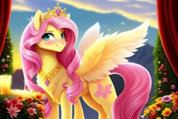 Size: 3072x2048 | Tagged: safe, artist:avalaz6214, derpibooru import, machine learning generated, purplesmart.ai, stable diffusion, fluttershy, pony, blushing, crown, cute, derpibooru exclusive, female, flower, image, indoors, jewelry, long hair, looking at you, naughty, png, princess, regalia, smiling, solo, spread wings, wings
