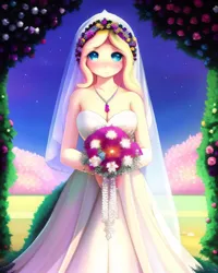 Size: 2048x2560 | Tagged: safe, artist:avalaz6214, derpibooru import, machine learning generated, purplesmart.ai, stable diffusion, fluttershy, human, beautiful, blushing, bouquet, bouquet of flowers, clothes, cute, derpibooru exclusive, dress, female, flower, flower in hair, garden, humanized, image, looking at you, marriage, png, smiling, solo, stars, wedding, wedding dress, wedding veil