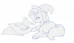 Size: 2048x1197 | Tagged: suggestive, artist:dundundun, derpibooru import, part of a set, trixie, pony, unicorn, butt, clothes, female, frog (hoof), glow, glowing horn, hat, horn, image, jpeg, magic, magic aura, mare, monochrome, pillow, plot, reading, simple background, solo, solo female, telekinesis, the great and powerful ass, trixie's hat, underhoof, white background
