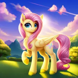 Size: 3072x3072 | Tagged: safe, artist:avalaz6214, derpibooru import, machine learning generated, purplesmart.ai, stable diffusion, fluttershy, pony, beautiful, cloud, cute, derpibooru exclusive, female, image, looking at you, outdoors, png, sky, smiling, solo