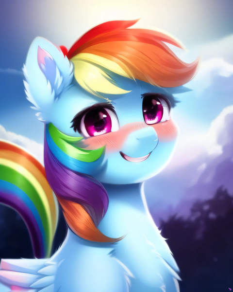 Size: 2048x2560 | Tagged: safe, artist:avalaz6214, derpibooru import, machine learning generated, purplesmart.ai, stable diffusion, rainbow dash, pony, beautiful, blushing, cute, derpibooru exclusive, female, image, looking at you, outdoors, png, smiling, solo