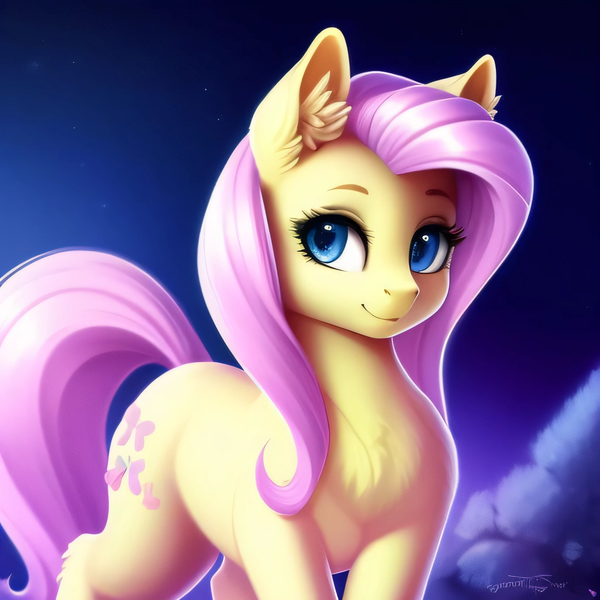 Size: 2048x2048 | Tagged: safe, artist:avalaz6214, derpibooru import, machine learning generated, purplesmart.ai, stable diffusion, fluttershy, pony, cute, derpibooru exclusive, female, image, outdoors, png, smiling, solo