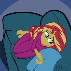 Size: 800x800 | Tagged: safe, derpibooru import, sunset shimmer, oc, oc:anon, human, equestria girls, clothes, couch, feet, female, image, pajamas, png