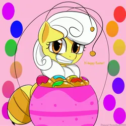 Size: 3000x3000 | Tagged: safe, artist:bestponies, artist:bestponies art, derpibooru import, oc, unofficial characters only, bee, bee pony, insect, monster pony, original species, pony, changeling egg, easter, egg, female, holiday, image, jpeg, looking at you, mare, smiling, solo