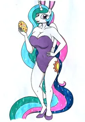 Size: 2448x3500 | Tagged: suggestive, artist:killerteddybear94, derpibooru import, princess celestia, anthro, adorasexy, beautisexy, breasts, bunny suit, cleavage, clothes, cute, easter, easter egg, hand on hip, holiday, image, jpeg, looking at you, praise the sun, sexy, wide hips
