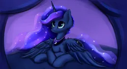 Size: 3648x1992 | Tagged: safe, artist:aquamuro, derpibooru import, princess luna, alicorn, pony, bed, chest fluff, cute, ear fluff, ethereal mane, female, fluffy, high res, horn, image, lidded eyes, lunabetes, lying down, mare, on bed, png, prone, signature, simple background, smiling, solo, spread wings, wings
