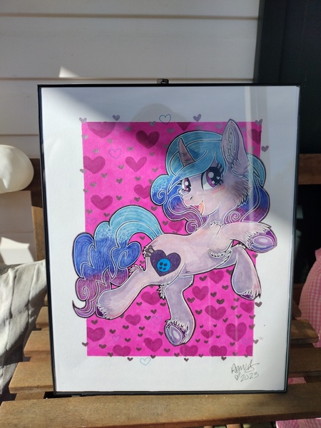 Size: 3000x4000 | Tagged: safe, artist:annuthecatgirl, derpibooru import, izzy moonbow, pony, unicorn, female, framed picture, g5, heart, heart background, image, jpeg, mare, pink background, signature, simple background, solo, traditional art, unshorn fetlocks