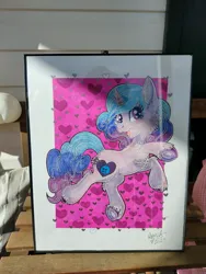 Size: 3000x4000 | Tagged: safe, artist:annuthecatgirl, derpibooru import, izzy moonbow, pony, unicorn, female, framed picture, g5, heart, heart background, image, jpeg, mare, pink background, signature, simple background, solo, traditional art, unshorn fetlocks