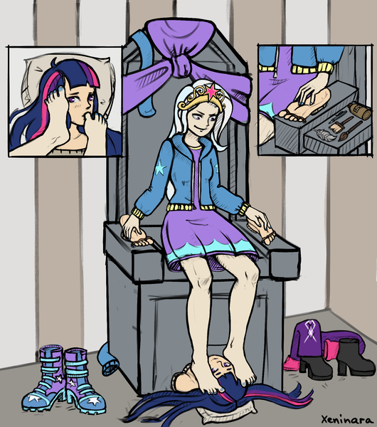 Size: 1620x1835 | Tagged: suggestive, artist:xeninara, derpibooru import, trixie, twilight sparkle, human, accessory theft, barefoot, bdsm, big crown thingy, bondage, bondage furniture, boots, clothes, commission, crown, duo, element of magic, erotic tickling, feather, feet, feet on face, female, femdom, femsub, fetish, foot fetish, high heel boots, hoodie, humanized, image, jewelry, leg warmers, lesbian, messy mane, nail polish, oil, paintbrush, pillow, png, regalia, shipping, shirt, shoes, skirt, smiling, smirk, socks, soles, stockings, submissive, t-shirt, thigh highs, throne, throne room, tickle fetish, tickle torture, tickling, toe sucking, toe tied, toenail polish, toes, twixie