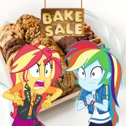 Size: 1370x1370 | Tagged: safe, artist:ewie2002, derpibooru import, rainbow dash, sunset shimmer, equestria girls, cookie, duo, female, food, image, photo, png, wat