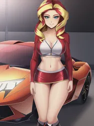 Size: 1020x1360 | Tagged: suggestive, derpibooru import, editor:sammykun, machine learning generated, novelai, stable diffusion, sunset shimmer, human, equestria girls, bare shoulders, boots, car, choker, clothes, high heel boots, humanized, image, jacket, jpeg, lamborghini, midriff, miniskirt, race queen, road, serious, serious face, shoes, skirt, sunset, tight clothing