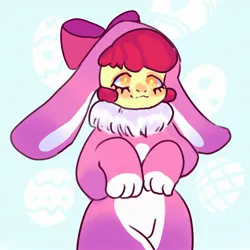 Size: 2048x2048 | Tagged: safe, artist:sleepybooo, derpibooru import, apple bloom, earth pony, pony, :3, animal costume, blushing, bunny bloom, bunny costume, clothes, costume, female, filly, foal, image, jpeg, solo