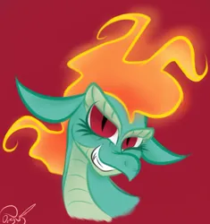 Size: 858x913 | Tagged: safe, artist:toxiccoswynaut, derpibooru import, dragon, hybrid, longma, them's fightin' herds, bust, community related, female, grin, image, jpeg, looking at you, mane of fire, red background, signature, simple background, smiling, solo, tianhuo (tfh)