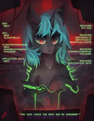 Size: 4000x5157 | Tagged: safe, artist:midnightflight, derpibooru import, oc, oc:crazygenetic, unofficial characters only, cyborg, pony, unicorn, computer, cyberpunk, cyberpunk 2077, digital art, error, glitch, horn, image, laptop computer, looking at you, png, solo, text, unicorn oc