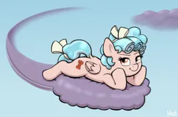 Size: 3140x2060 | Tagged: safe, artist:heretichesh, derpibooru import, cozy glow, pegasus, pony, butt, cloud, dragon ball, female, filly, flying, foal, high res, hoof on chin, image, jpeg, kinto'un, looking at you, lying down, lying on a cloud, on a cloud, plot, prone, signature, smiling, smiling at you, solo, sploot