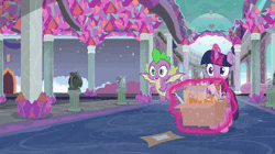 Size: 680x382 | Tagged: safe, derpibooru import, screencap, spike, twilight sparkle, twilight sparkle (alicorn), yona, alicorn, dragon, pony, yak, season 9, uprooted, spoiler:s09, animated, box, butt, female, gif, image, male, mare, oof, ouch, plot, rolling, school of friendship, trio, winged spike, wings