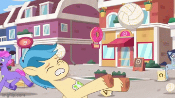 Size: 360x202 | Tagged: safe, derpibooru import, screencap, earth pony, pegasus, pony, my little pony: tell your tale, spoiler:g5, spoiler:my little pony: tell your tale, spoiler:tyts01e18, anatomically incorrect, animated, donut, doors, falling, flower, flying, food, g5, gif, hit, image, implied crash, incorrect leg anatomy, lantern, male, mane melody (location), on your cutie marks, open mouth, rocky riff, screaming, screen shake, slapstick, solo focus, sports, spread wings, stallion, volleyball, wings