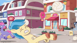 Size: 360x202 | Tagged: safe, derpibooru import, screencap, earth pony, pegasus, pony, my little pony: tell your tale, spoiler:g5, spoiler:my little pony: tell your tale, spoiler:tyts01e18, anatomically incorrect, animated, donut, doors, falling, flower, flying, food, g5, gif, hit, image, implied crash, incorrect leg anatomy, lantern, male, mane melody (location), on your cutie marks, open mouth, rocky riff, screaming, screen shake, slapstick, solo focus, sports, spread wings, stallion, volleyball, wings