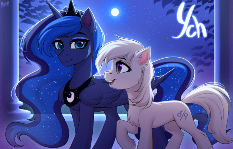 Size: 3400x2180 | Tagged: safe, artist:hakaina, derpibooru import, princess luna, oc, alicorn, earth pony, pony, backlighting, chest fluff, colored, column, commission, concave belly, duo, ear fluff, ethereal mane, ethereal tail, female, female symbol, folded wings, height difference, high res, image, large wings, leg fluff, long mane, long tail, looking at each other, looking at someone, male symbol, mare, moon, night, open mouth, open smile, peytral, png, raised hoof, shading, side view, signature, slim, smiling, starry sky, tail, teeth, thin, unshorn fetlocks, walking, wings, ych sketch, your character here
