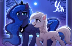 Size: 3400x2180 | Tagged: safe, artist:hakaina, derpibooru import, princess luna, oc, alicorn, earth pony, pony, backlighting, chest fluff, colored, column, commission, concave belly, duo, ear fluff, ethereal mane, ethereal tail, female, female symbol, folded wings, height difference, high res, image, large wings, leg fluff, long mane, long tail, looking at each other, looking at someone, male symbol, mare, moon, night, open mouth, open smile, peytral, png, raised hoof, shading, side view, signature, slim, smiling, starry sky, tail, teeth, thin, unshorn fetlocks, walking, wings, ych sketch, your character here