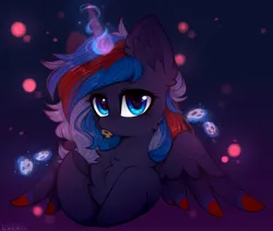 Size: 2048x1740 | Tagged: safe, artist:lerkfruitbat, derpibooru import, oc, unofficial characters only, alicorn, pony, alicorn oc, cheek fluff, chest fluff, colored wings, colored wingtips, commission, cookie, cute, ear fluff, female, food, glow, glowing horn, horn, image, jpeg, levitation, looking at you, magic, magic aura, mare, ocbetes, signature, spread wings, telekinesis, wings