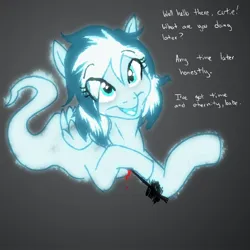 Size: 1200x1200 | Tagged: safe, artist:pony quarantine, derpibooru import, oc, oc:alaska, unofficial characters only, ghost, ghost pony, pegasus, pony, undead, arrow, blood, dialogue, eye clipping through hair, female, gray background, image, jpeg, mare, open mouth, open smile, simple background, smiling, solo, talking to viewer