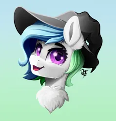 Size: 2000x2100 | Tagged: safe, artist:rainbowfire, derpibooru import, oc, unofficial characters only, pony, bust, chest fluff, cute, female, hat, image, looking at you, open mouth, png, purple eyes, simple background, smiling, solo
