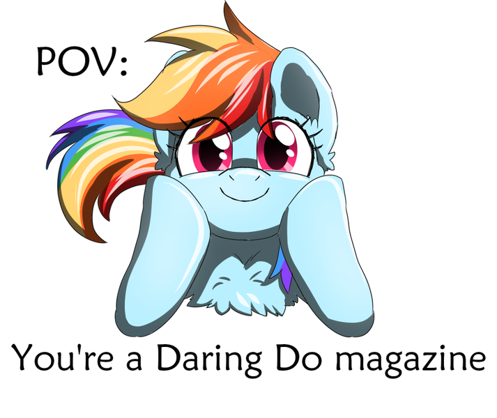 Size: 880x741 | Tagged: safe, artist:solixy406, derpibooru import, rainbow dash, pegasus, pony, chest fluff, eye clipping through hair, hooves on cheeks, image, looking at you, offscreen character, png, pov, simple background, smiling, text, white background