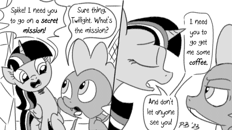 Size: 1200x675 | Tagged: safe, artist:pony-berserker, derpibooru import, twilight sparkle, twilight sparkle (alicorn), alicorn, dragon, image, monochrome, png, pony-berserker's twitter sketches, pony-berserker's twitter sketches (2023), speech bubble, twilight's castle