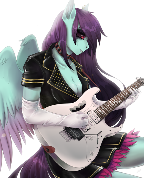 Size: 2100x2600 | Tagged: safe, artist:serodart, derpibooru import, oc, oc:#c0ffee, anthro, pegasus, black sclera, choker, clothes, commission, cosplay, costume, electric guitar, emo, female, gloves, guitar, ibanez, image, musical instrument, piercing, png, rule 63, skirt, smiling, solo, solo female, wings, yakuza