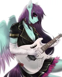 Size: 2100x2600 | Tagged: safe, artist:serodart, derpibooru import, oc, oc:#c0ffee, anthro, pegasus, black sclera, choker, clothes, commission, cosplay, costume, electric guitar, emo, female, gloves, guitar, ibanez, image, musical instrument, piercing, png, rule 63, skirt, smiling, solo, solo female, wings, yakuza