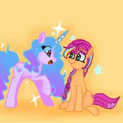 Size: 1280x1280 | Tagged: safe, artist:petaltwinkle, derpibooru import, izzy moonbow, sunny starscout, earth pony, pony, unicorn, duo, eye clipping through hair, female, g5, image, jpeg, looking at each other, looking at someone, mare, open mouth, open smile, orange background, simple background, sitting, smiling, smiling at each other, stars