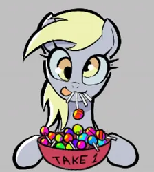 Size: 1057x1180 | Tagged: safe, artist:ponconcarnal, derpibooru import, derpy hooves, pegasus, pony, :p, bowl, candy, cute, derpabetes, eating, female, food, gray background, image, jpeg, lollipop, mare, simple background, solo, tongue out