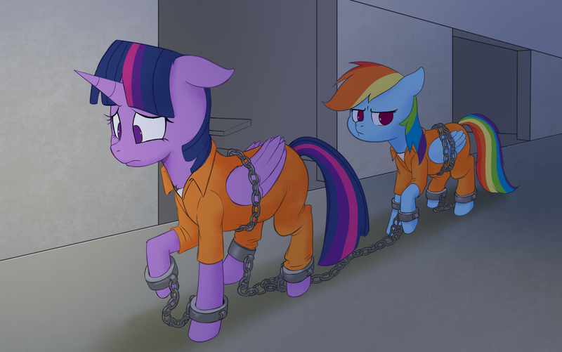 Size: 1862x1166 | Tagged: safe, artist:hitsuji, derpibooru import, rainbow dash, twilight sparkle, twilight sparkle (alicorn), alicorn, bound wings, chained, chains, cuffed, cuffs, frustrated, image, jail, png, prison, prisoner rd, prisoner ts, sad, shackles, wings