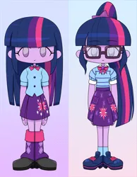 Size: 1540x1980 | Tagged: safe, artist:batipin, derpibooru import, sci-twi, twilight sparkle, equestria girls, chibi, duality, gradient background, image, no nose, png, simple background