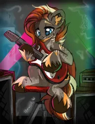 Size: 2890x3762 | Tagged: safe, artist:woonborg, derpibooru import, oc, oc:living flame, earth pony, amplifier, earth pony oc, electric guitar, guitar, image, male, musical instrument, png, solo