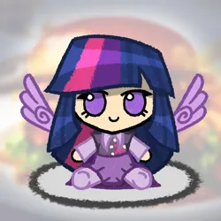 Size: 5500x5500 | Tagged: safe, artist:deroach, derpibooru import, edit, twilight sparkle, twilight sparkle (alicorn), alicorn, human, burger, clothes, cutie mark, cutie mark on clothes, food, fumo, humanized, image, plushie, png, skirt, touhou, winged humanization, wings