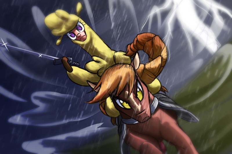 Size: 1800x1200 | Tagged: safe, artist:redahfuhrerking, derpibooru import, oc, oc:sila, alpaca, horse, them's fightin' herds, alpacas riding horses, community related, image, paprika (tfh), png, quadrupedal, sword, weapon