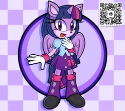 Size: 1580x1407 | Tagged: safe, artist:moesisterson, derpibooru import, twilight sparkle, alicorn, anthro, equestria girls, clothes, clothes swap, female, image, looking at you, open mouth, png, skirt, smiling, smiling at you, solo, sonic the hedgehog, sonic the hedgehog (series), yuji uekawa style