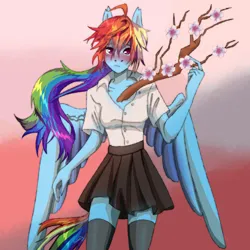 Size: 4000x4000 | Tagged: safe, artist:twivela, derpibooru import, rainbow dash, anthro, pegasus, pony, advertisement, brony, clothes, female, image, jpeg, looking at you, mare, school uniform, solo, tree branch