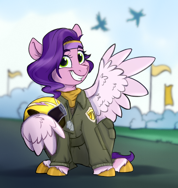 Size: 1700x1793 | Tagged: safe, artist:rutkotka, derpibooru import, pipp petals, pony, g5, clothes, female, flight suit, image, mare, pilot, png, smiling, top gun, waving, wing wave