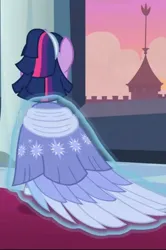 Size: 800x1202 | Tagged: safe, derpibooru import, screencap, twilight sparkle, twilight sparkle (alicorn), alicorn, pony, the last problem, alternate hairstyle, canterlot, canterlot castle, clothes, coronation dress, cropped, dress, evening, gown, image, jpeg, levitation, magic, rear view, second coronation dress, solo, spinning, telekinesis