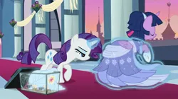 Size: 2148x1199 | Tagged: safe, derpibooru import, screencap, twilight sparkle, twilight sparkle (alicorn), alicorn, pony, unicorn, the last problem, alternate hairstyle, banner, box, canterlot, canterlot castle, carpet, clothes, coronation dress, dress, duo, evening, eyes closed, female, firm, flower, gown, image, jpeg, levitation, magic, mare, red carpet, sash, second coronation dress, shoes, spider web, spinning, telekinesis