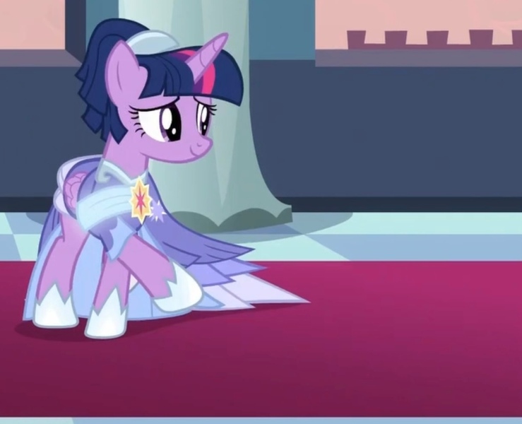 Size: 1017x826 | Tagged: safe, derpibooru import, screencap, twilight sparkle, twilight sparkle (alicorn), alicorn, pony, the last problem, canterlot, canterlot castle, carpet, clothes, coronation dress, dress, elegant, evening, female, gown, happy, image, jpeg, mare, red carpet, regal, sash, second coronation dress, shoes, solo, turning