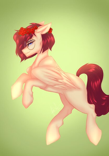 Size: 1423x2048 | Tagged: safe, artist:novadraws19205, derpibooru import, oc, unofficial characters only, pegasus, pony, floral head wreath, flower, glasses, image, jpeg, lidded eyes, looking at you, rose, solo